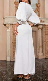 V NECK PUFF SLEEVE BODYCON MAXI DRESS IN WHITE