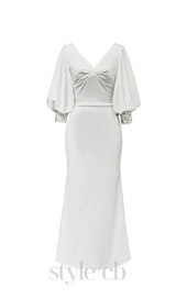 V NECK PUFF SLEEVE BODYCON MAXI DRESS IN WHITE