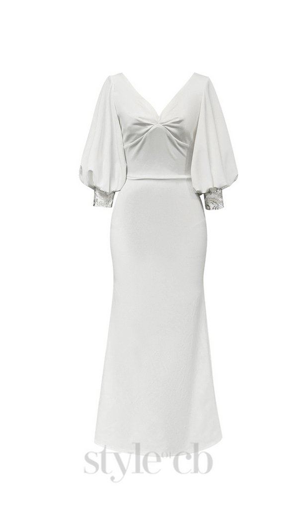 V NECK PUFF SLEEVE BODYCON MAXI DRESS IN WHITE