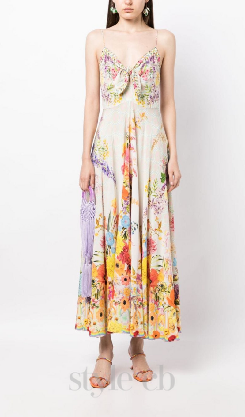 BOW FLORAL-PRINT SILK MIDI DRESS