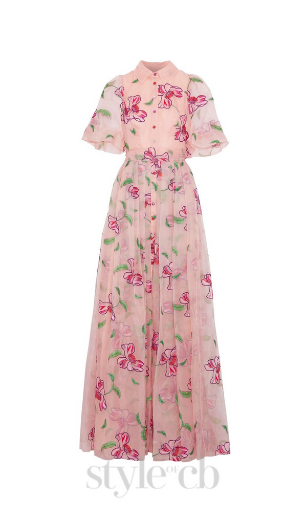 TIE-BACK EMBROIDERED SILK-ORGANZA GOWN