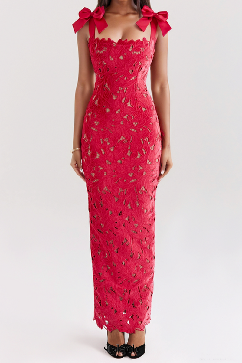 hermosa Bow Strap Embroidered Lace Maxi Dress in red