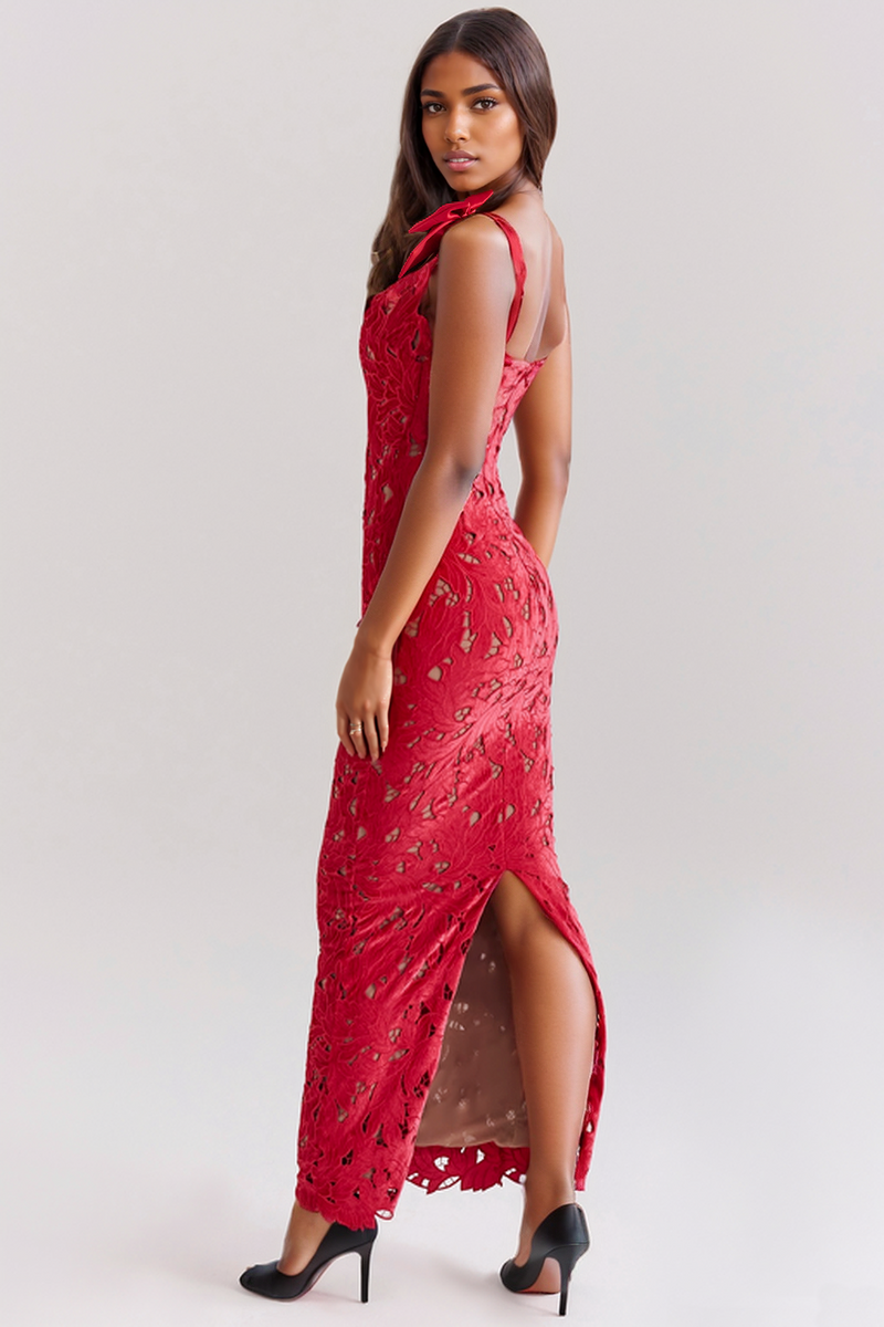 hermosa Bow Strap Embroidered Lace Maxi Dress in red