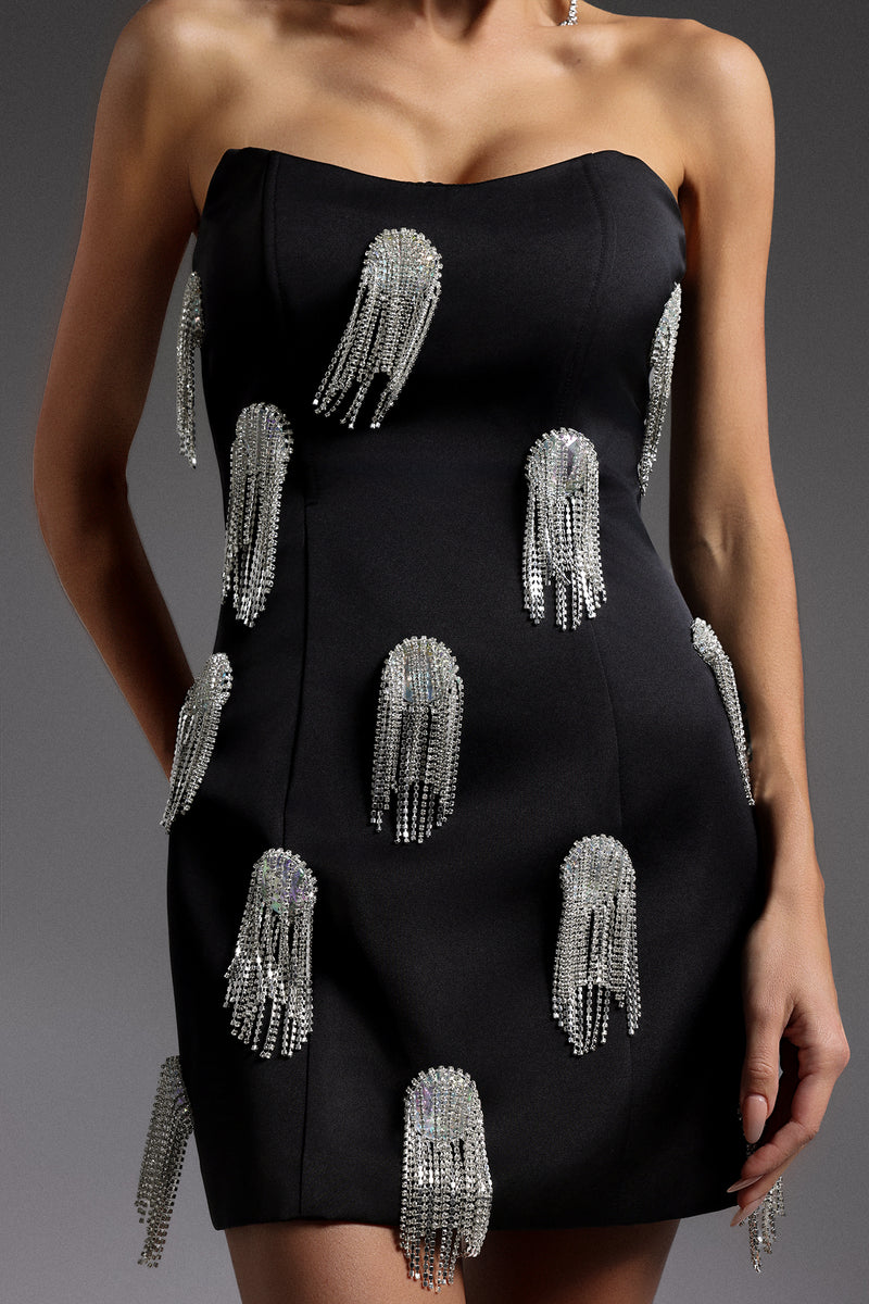 Flor Sleeveless Diamond Tassels Mini Dress in black