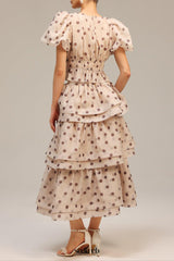 damla beige Puff Sleeves Dot Printed Top And Skirt Two-Piece Set