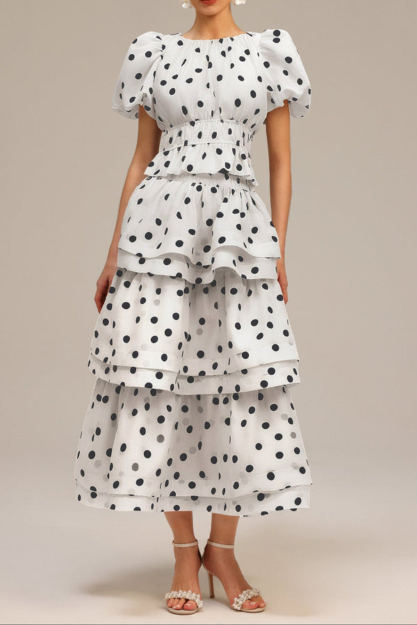 damla white Puff Sleeves Dot Printed Top And Skirt Two-Piece Set