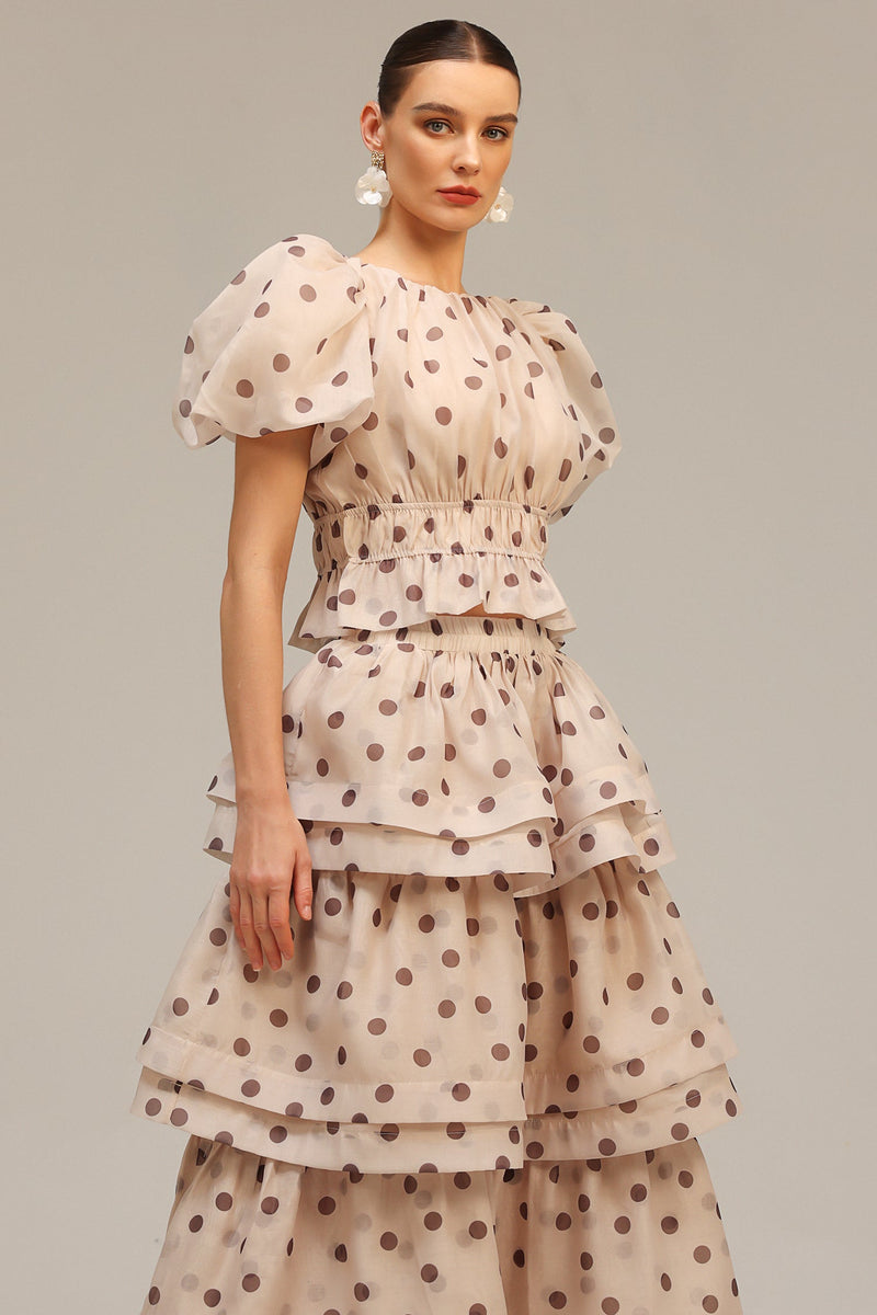 damla beige Puff Sleeves Dot Printed Top And Skirt Two-Piece Set