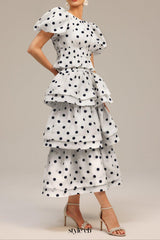 damla white Puff Sleeves Dot Printed Top And Skirt Two-Piece Set