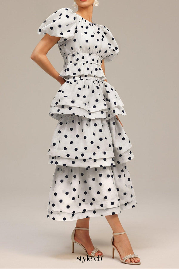 damla white Puff Sleeves Dot Printed Top And Skirt Two-Piece Set