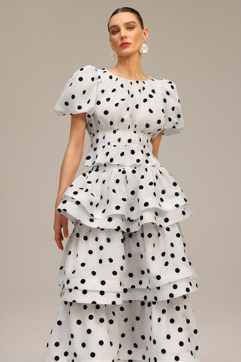 damla white Puff Sleeves Dot Printed Top And Skirt Two-Piece Set