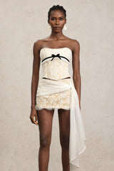 white Herringbone tube top floral ruffle mini dress suit