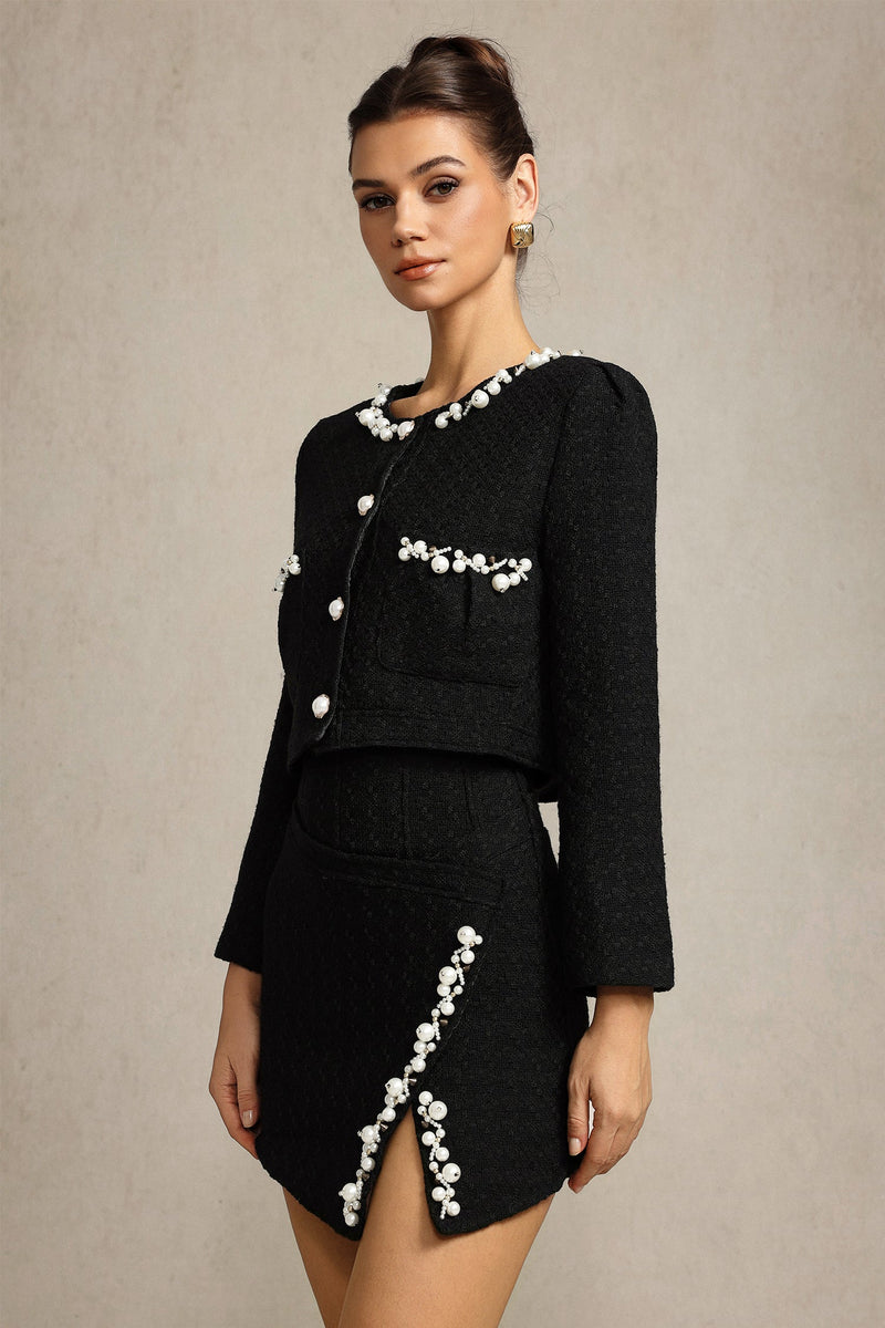 black grace Long Sleeves Pearl Top & Skirt Two-Piece Set