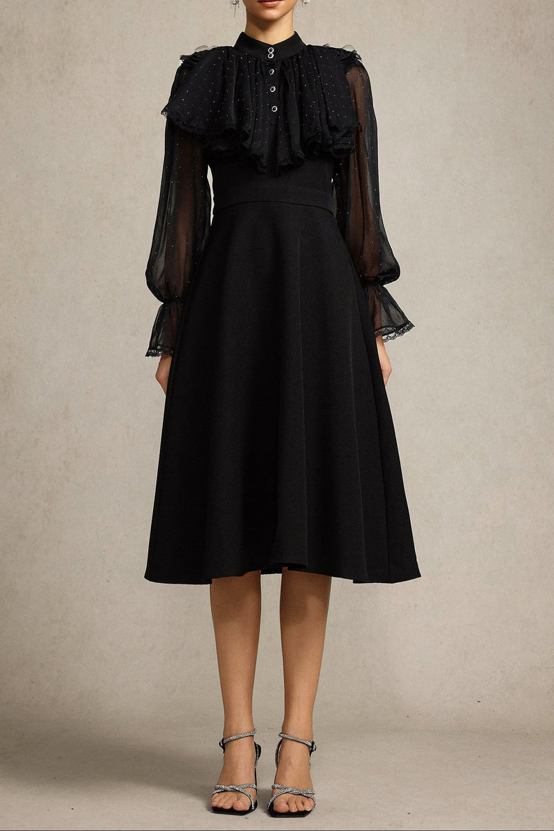 helen Long Sleeves Diamond Artificial Feather Black Top And Skirt Two-Piece Set