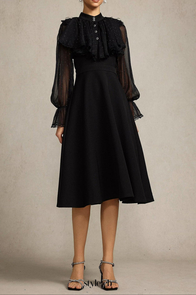 helen Long Sleeves Diamond Artificial Feather Black Top And Skirt Two-Piece Set