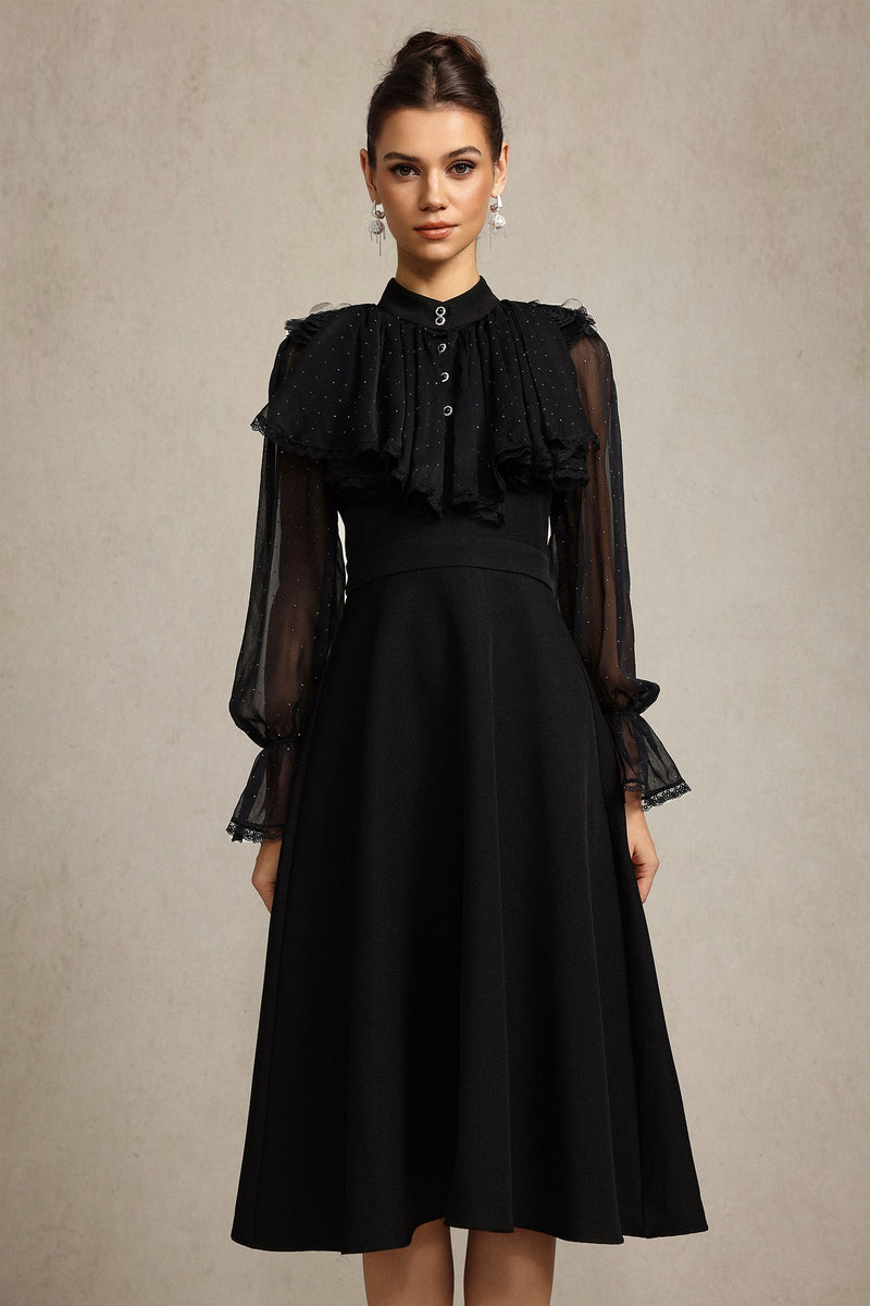 helen Long Sleeves Diamond Artificial Feather Black Top And Skirt Two-Piece Set