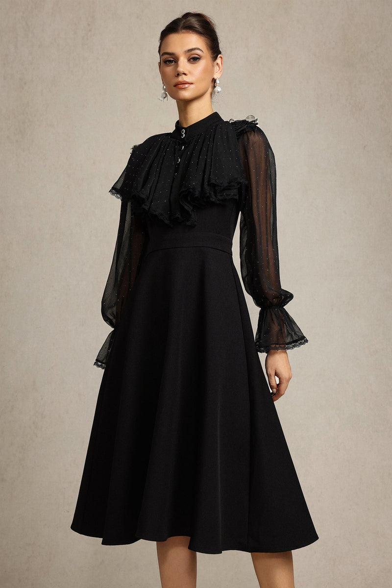 helen Long Sleeves Diamond Artificial Feather Black Top And Skirt Two-Piece Set