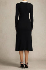 janice Round Neck Long Sleeves Bowknot Streamer Maxi Dress in black