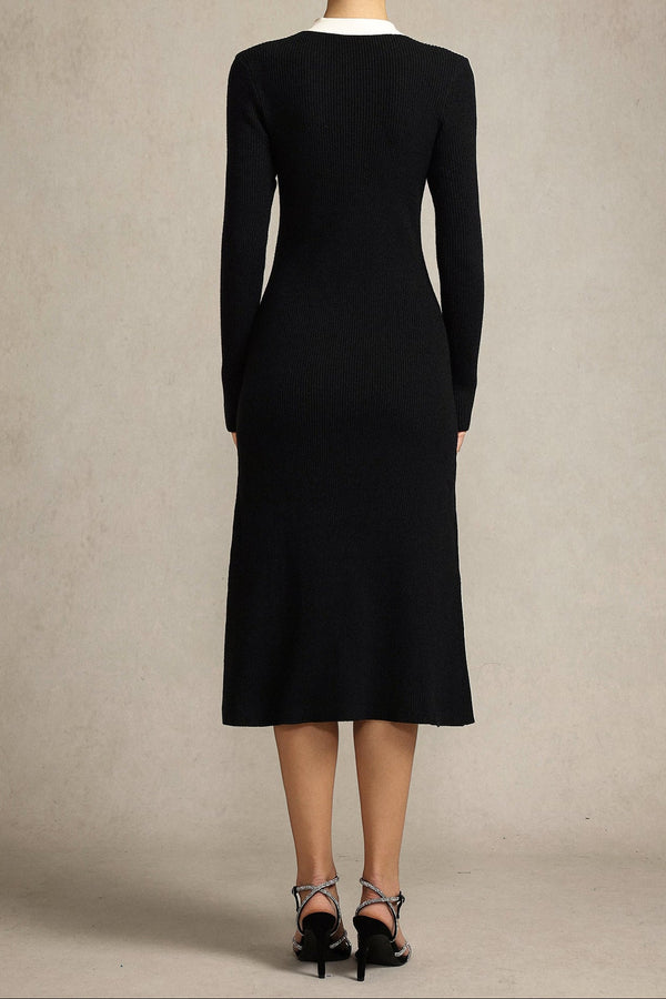 janice Round Neck Long Sleeves Bowknot Streamer Maxi Dress in black