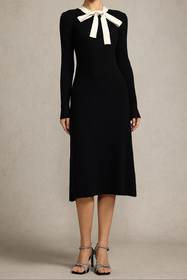 janice Round Neck Long Sleeves Bowknot Streamer Maxi Dress in black