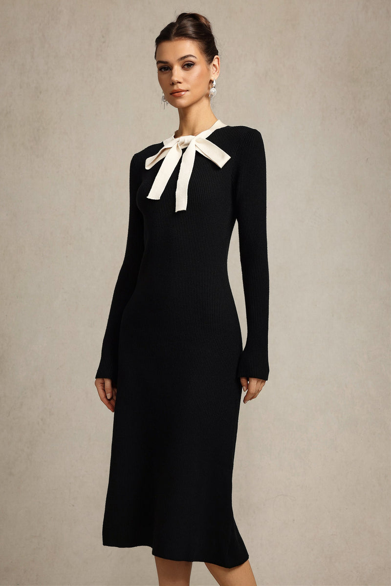 janice Round Neck Long Sleeves Bowknot Streamer Maxi Dress in black