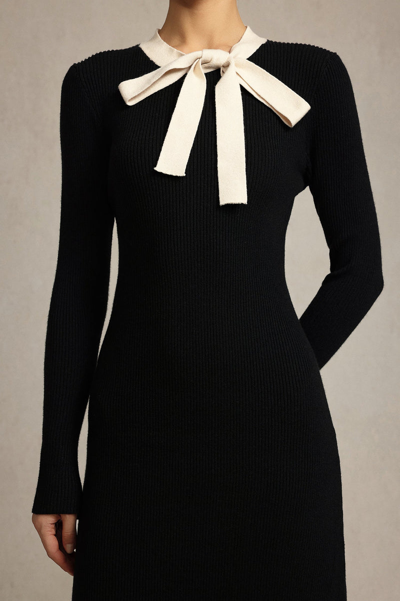 janice Round Neck Long Sleeves Bowknot Streamer Maxi Dress in black