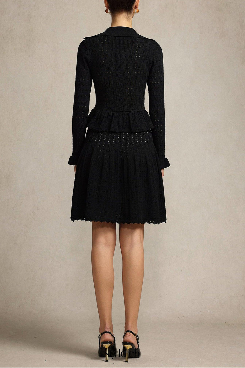 Leaf-edge paneled V-neck knitted mini dress in black