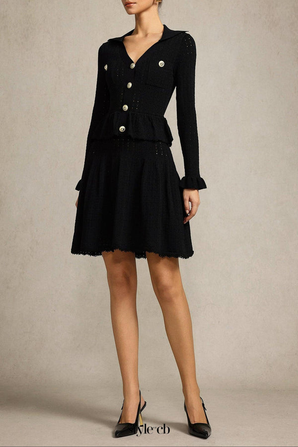 Leaf-edge paneled V-neck knitted mini dress in black
