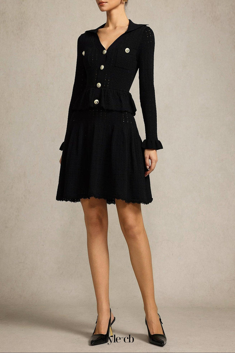 Leaf-edge paneled V-neck knitted mini dress in black