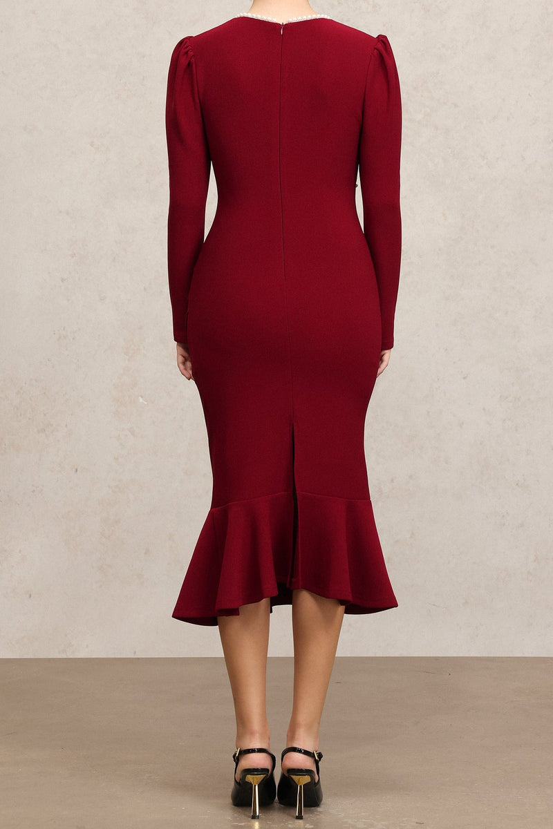 miriam Claret Square Collar Long Sleeves Fishtail Pearl Midi Dress
