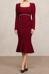 miriam Claret Square Collar Long Sleeves Fishtail Pearl Midi Dress