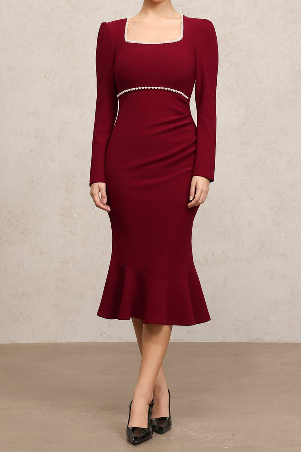 miriam Claret Square Collar Long Sleeves Fishtail Pearl Midi Dress