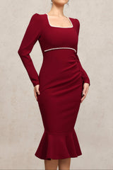 miriam Claret Square Collar Long Sleeves Fishtail Pearl Midi Dress