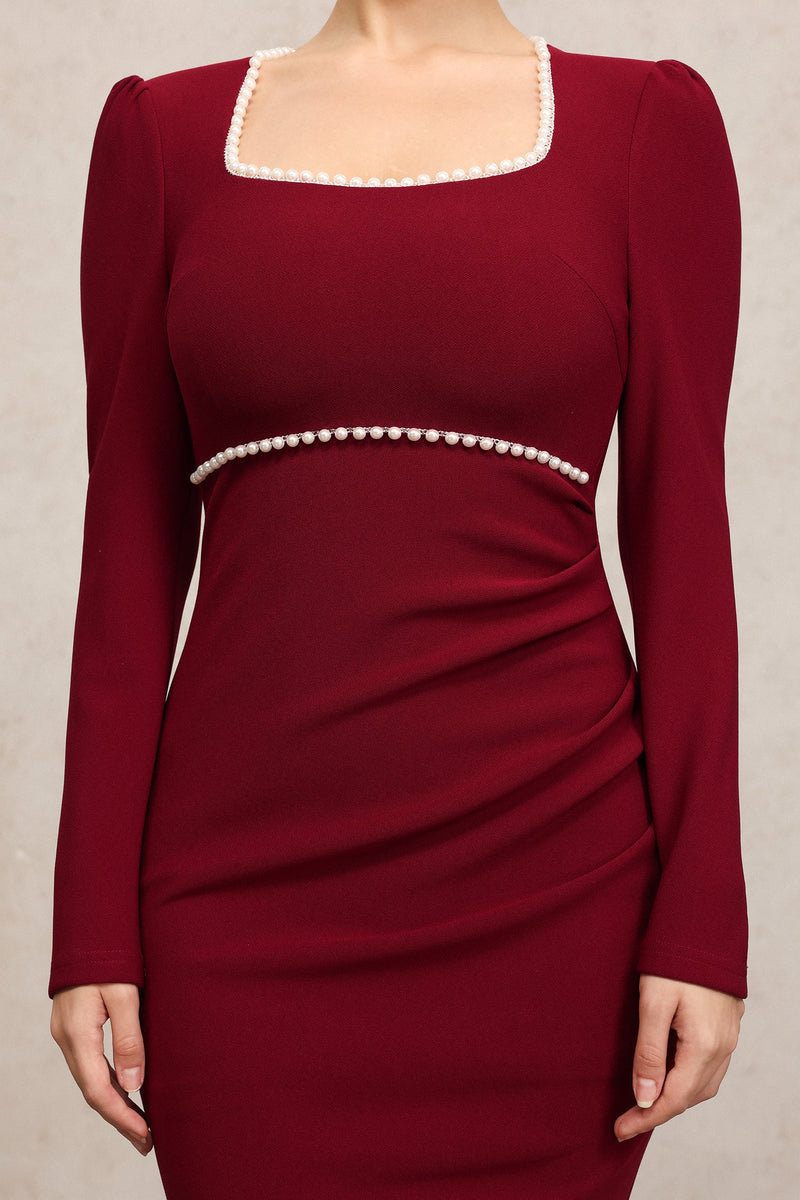 miriam Claret Square Collar Long Sleeves Fishtail Pearl Midi Dress