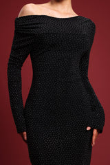 natividad Contour One Shoulder Crystal Maxi Dress in black