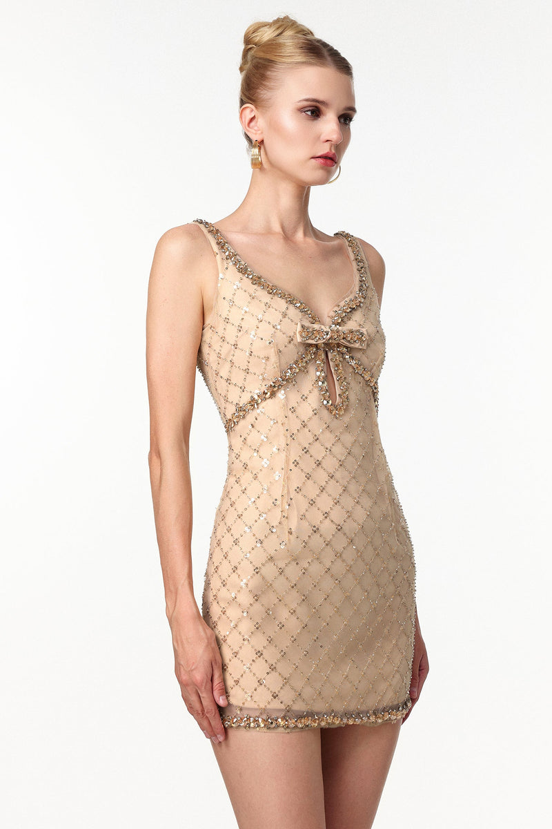 mona Embellished Rhinestone Sequin Mini Dress in yellow