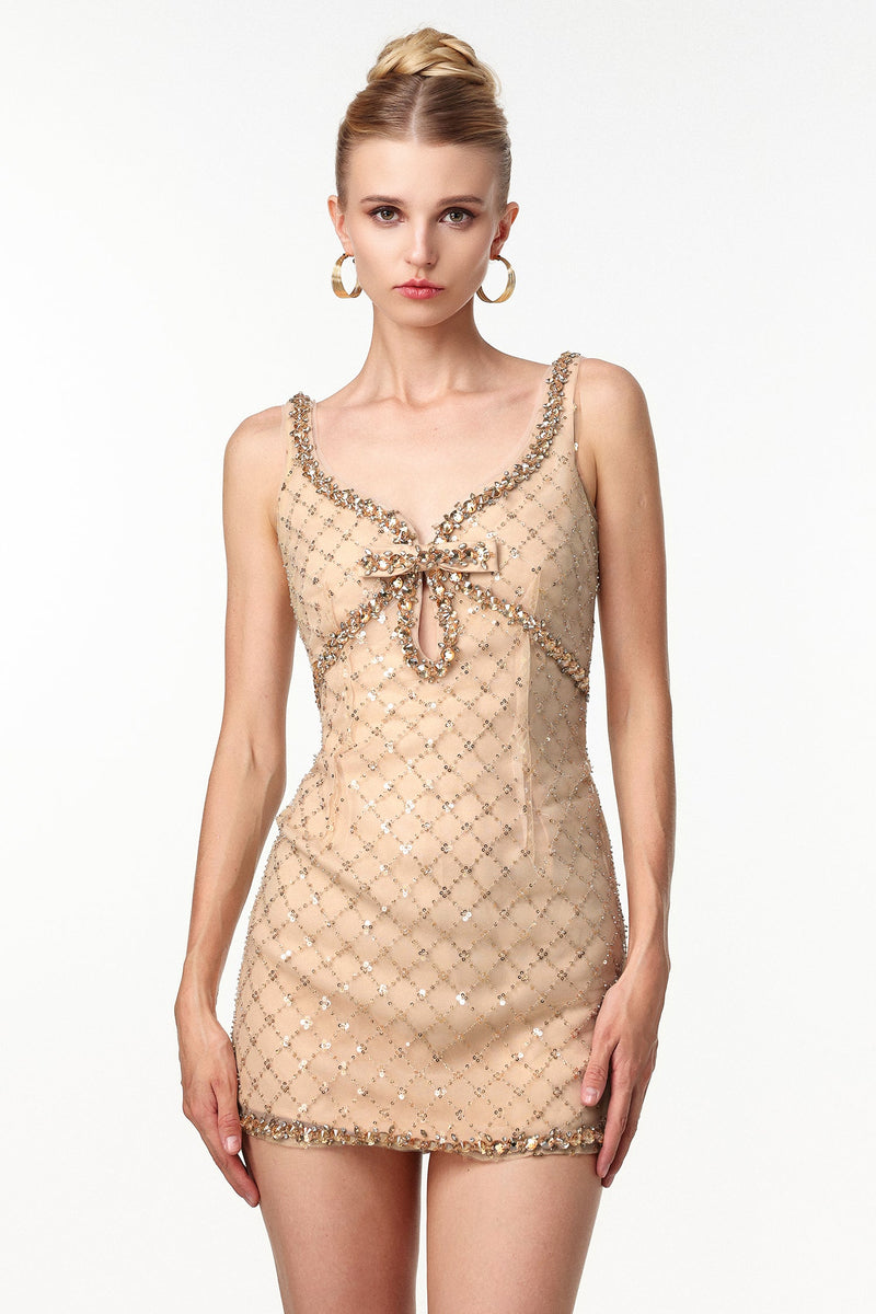 mona Embellished Rhinestone Sequin Mini Dress in yellow