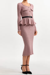 kitty U Neck Long Sleeve Falbala Knit Midi Dress in pink