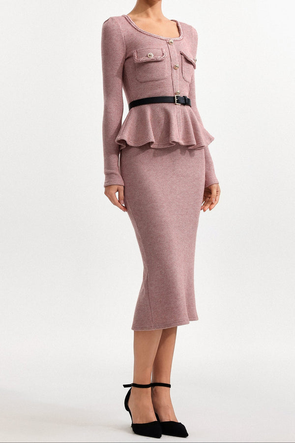 kitty U Neck Long Sleeve Falbala Knit Midi Dress in pink