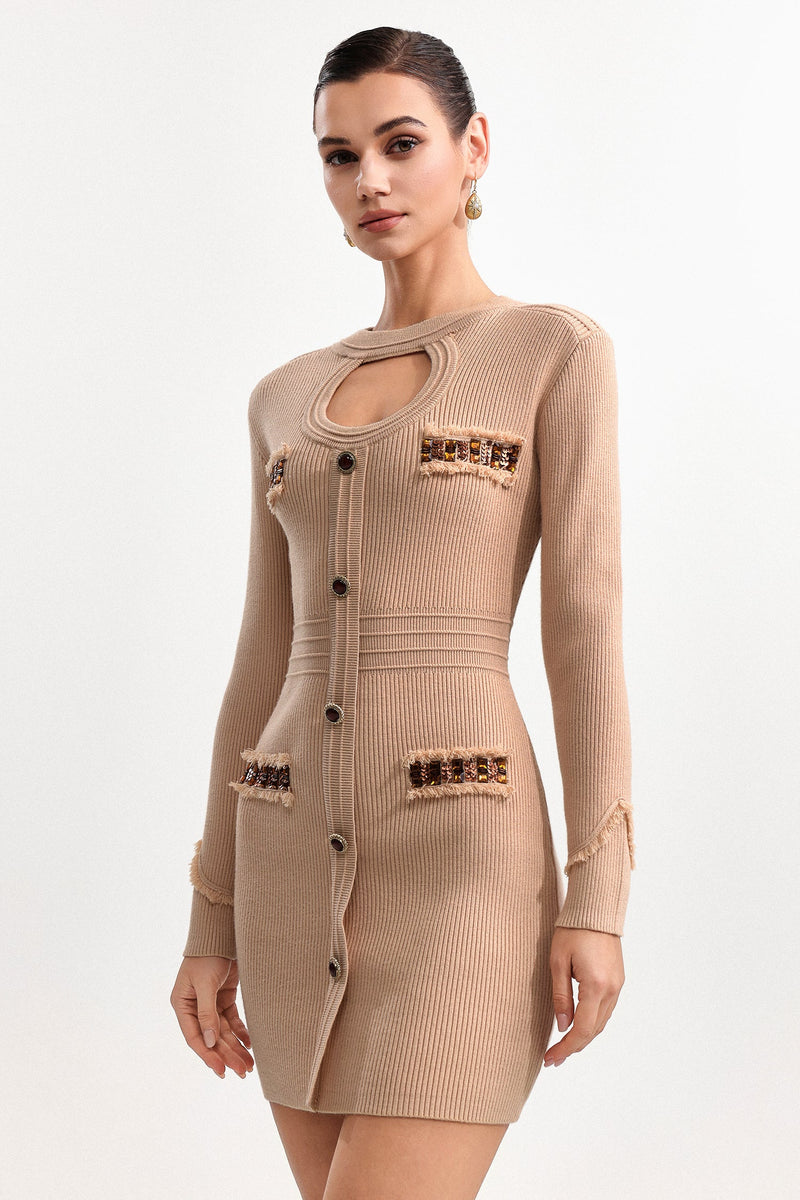 jenny Contour Long Sleeve Knit Mini Dress in Khaki