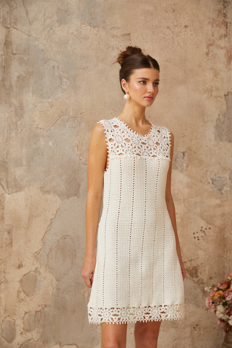 Floral Crochet Mini Dress in white