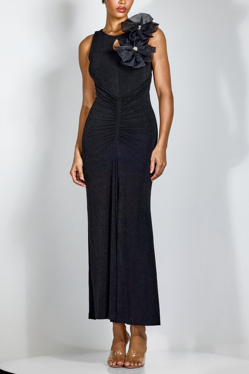 nicola Flower bow pleated bodycon maxi dress in black
