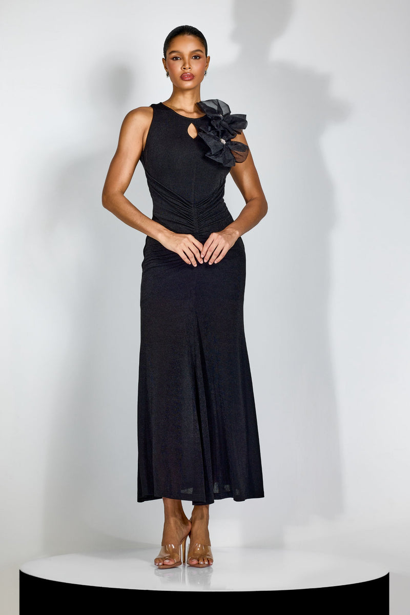 nicola Flower bow pleated bodycon maxi dress in black