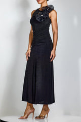 nicola Flower bow pleated bodycon maxi dress in black