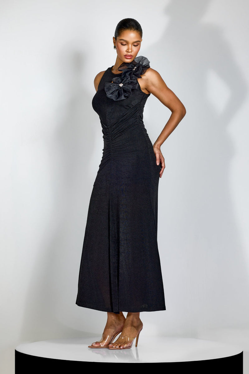 nicola Flower bow pleated bodycon maxi dress in black