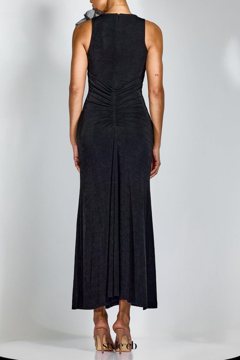 nicola Flower bow pleated bodycon maxi dress in black