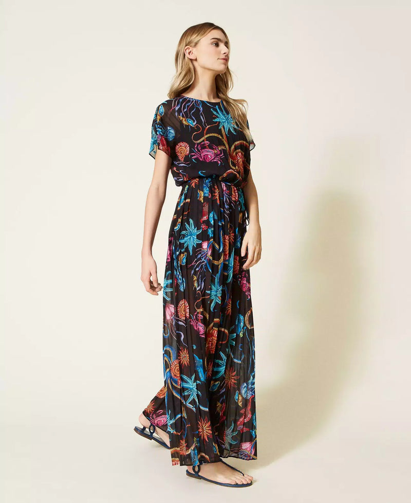 Printed jumpsuit in pleated georgette
