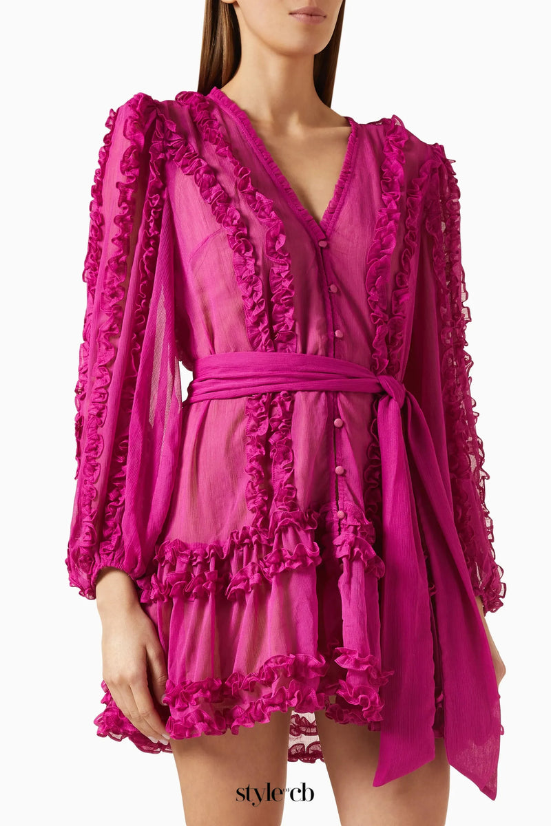 Lara Chiffon flower hem Mini Dress in rose red