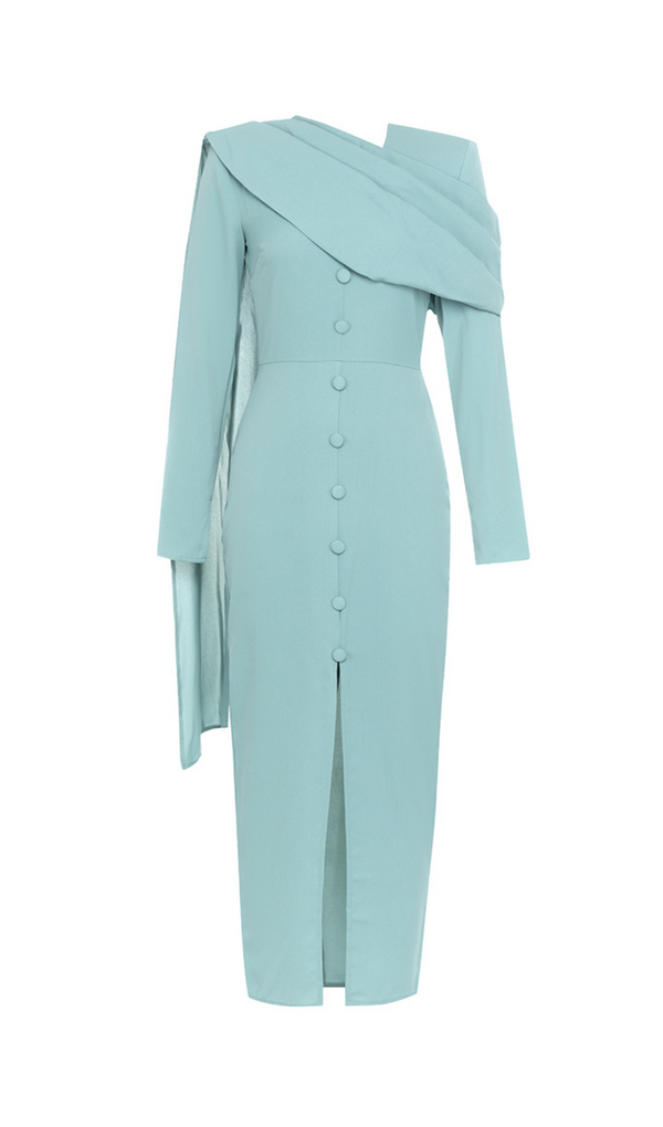 GRAY AND BLUE SINGLE-BREASTED BUTTON LONG-SLEEVED FRILL V-NECK RIBBON MIDI DRESS