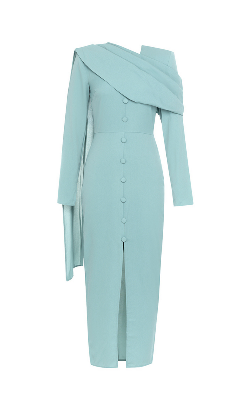 GRAY AND BLUE SINGLE-BREASTED BUTTON LONG-SLEEVED FRILL V-NECK RIBBON MIDI DRESS