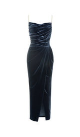 NAVY BEADLESS STRAPLESS VELVET BACKLESS PLEATED MIDI DRESS